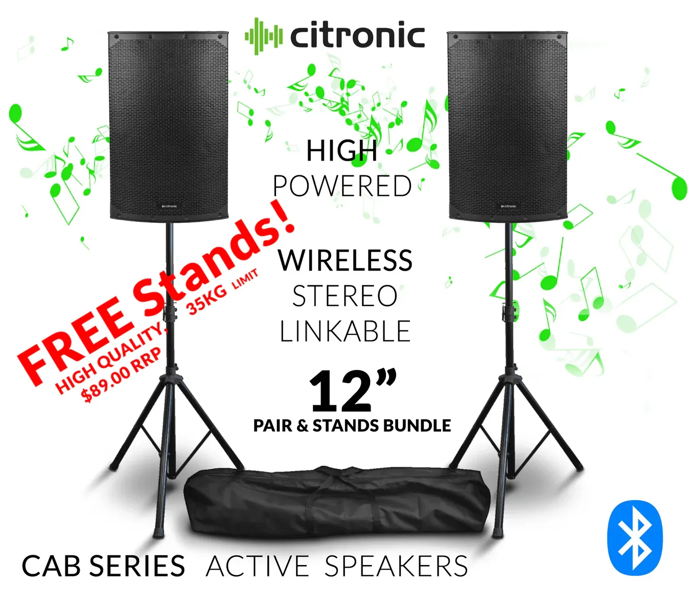 Citronic 12 inch Bluetooth Stereo Linkable 2400W PA Speaker