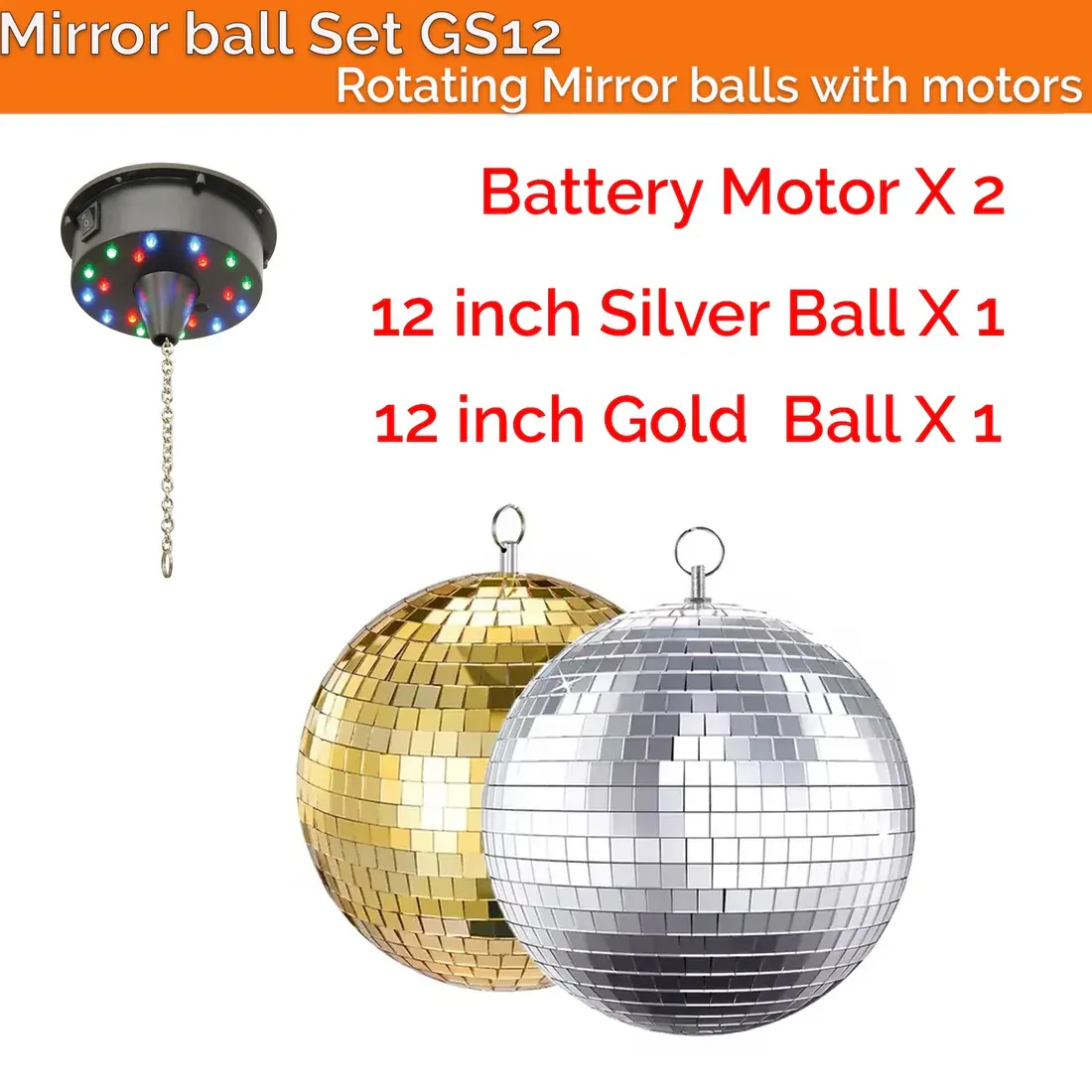 Mirror Ball Deco Set 12 inch balls(1 Gold + 1 Silver) plus motors