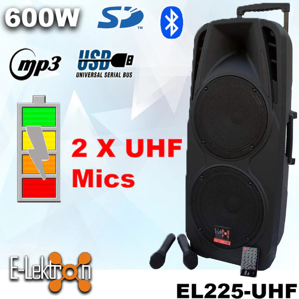 E-lektron EL-225 Dual 10" inch Portable Karaoke Mobile PA Speaker Sound System Battery Bluetooth with 2 UHF Microphone - Image 3