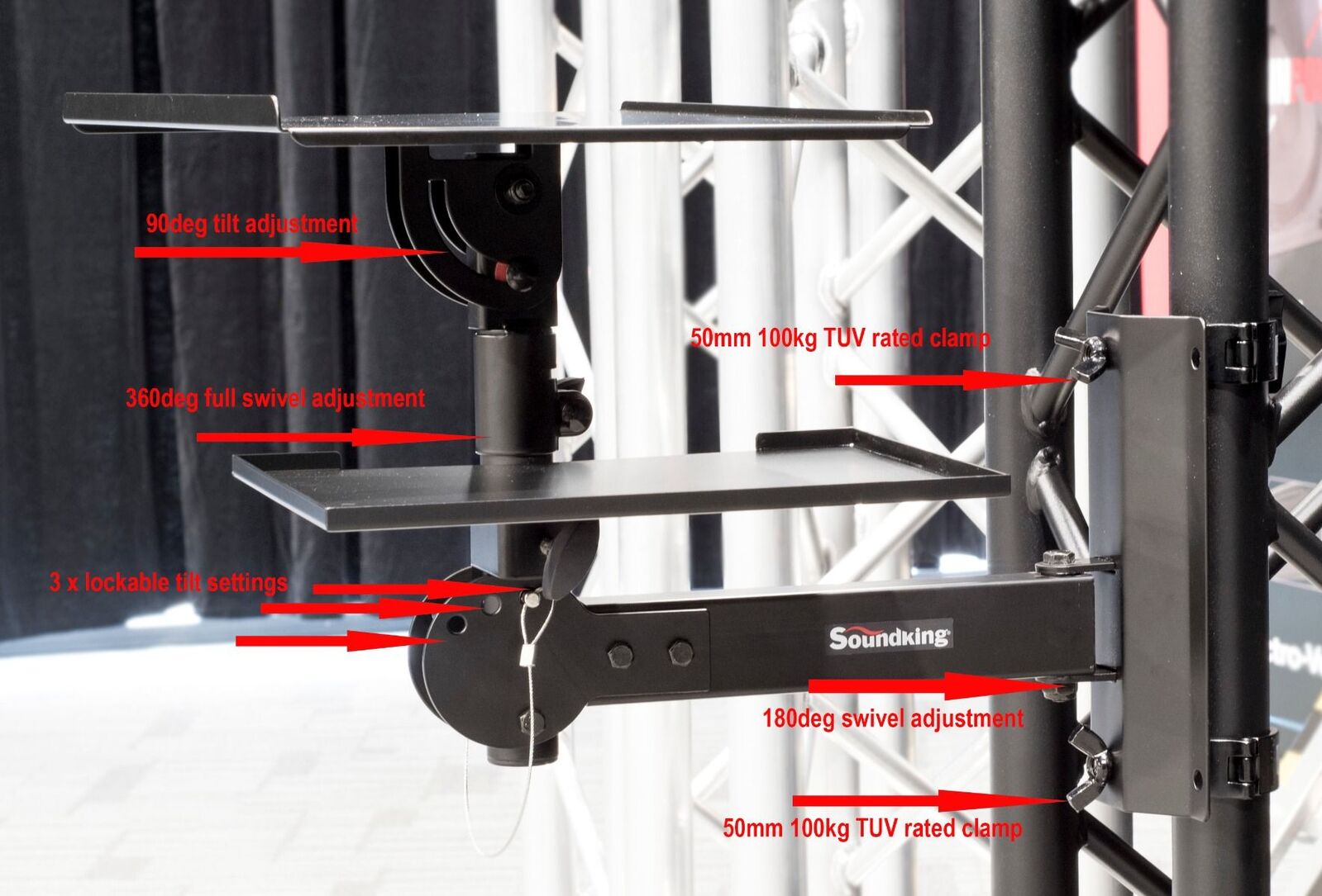 ADJUSTABLE TOP TRAY WITH TILT 35MM POLE SOCKET + WALL/TRUSS BRACKET WITH 50MM CLAMPS - Image 2