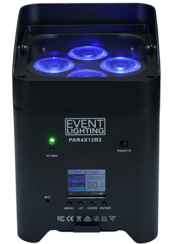 EVENT LIGHTING PAR4X12B2 - Battery Uplight Par with 4x12W RGBWAUV LEDs, Wireless DMX & IR Remote